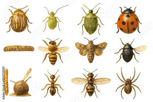 Collection of handcrafted insect sculptures on a golden gradient background