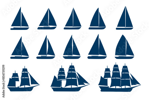 Sailing ship silhouettes on a dark blue background