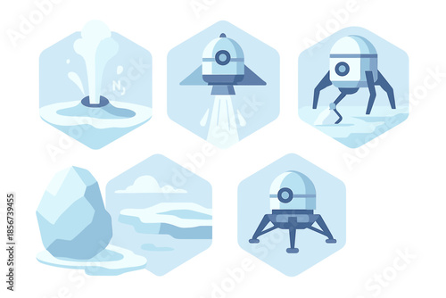 Space exploration and icy landscapes icons