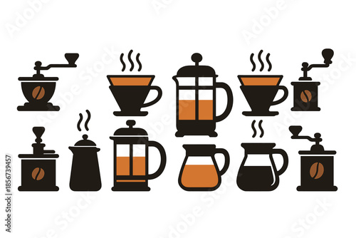 Coffee brewing icons with orange glowing elements