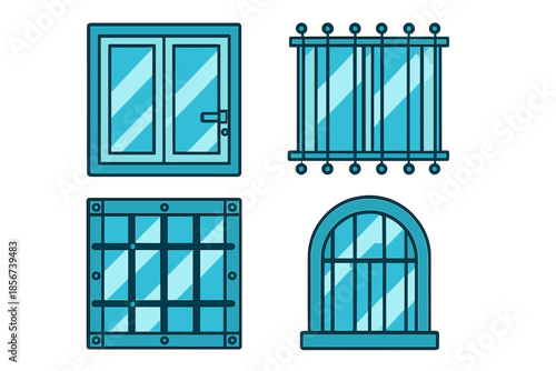 Set of four blue windows with glass and frames