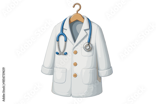 Doctor's white coat with stethoscope hanging on a hanger