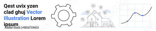 Gear mechanism, house with connected smart features, and a rising graph on a data grid. Ideal for technology, innovation, development, automation, home improvement, data analytics simple landing