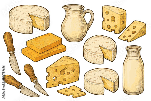 Artistic Drawing of Various Cheeses and Milk