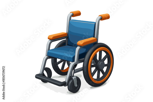 Stylized 3D render of a wheelchair with blue seat and orange accents