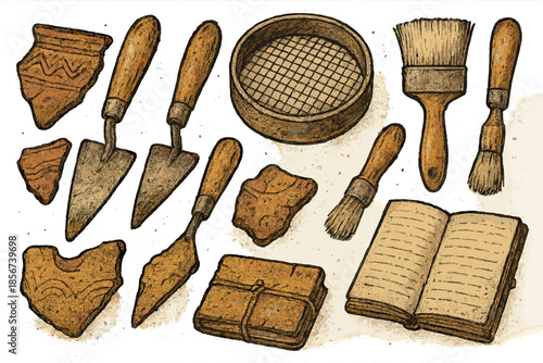 Archaeology tools and artifacts laid out on a surface