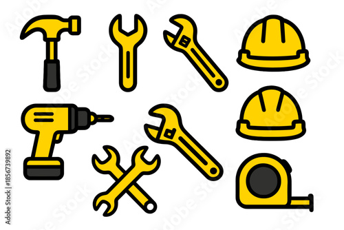 Construction tools and safety equipment icons on a dark background