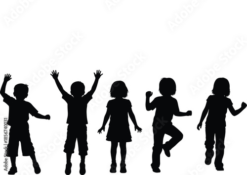 Children silhouette vector illustration of playful kids, dancing, jumping, raising arms, standing in row, isolated black figures on white background, energetic childhood activity concept