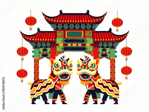 A vibrant Flat Design Ilustration Vector of two lion dance performers in front of a traditional Chinese gate with lanterns.