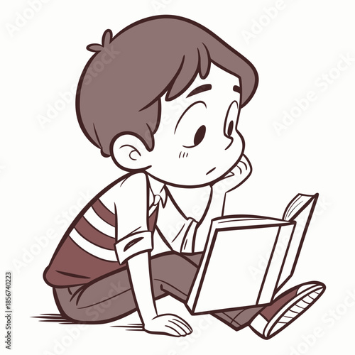 A charming illustration depicts a young boy deeply engrossed in reading a book while sitting cross legged