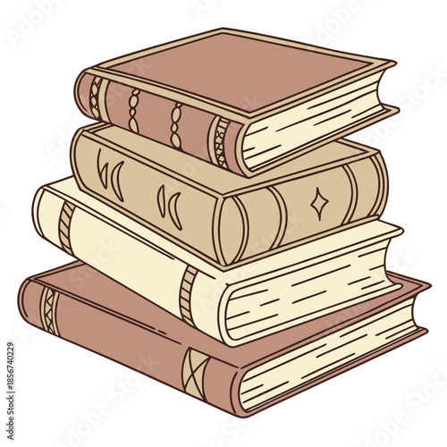 A neatly stacked collection of antique books with decorative bindings presented in a simple illustration style