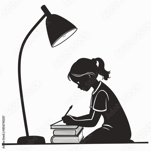 A silhouette of a young girl studying with a desk lamp illuminating a stack of books
