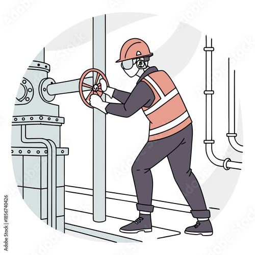 A worker wearing safety gear operates a large valve amidst a complex network of industrial piping systems