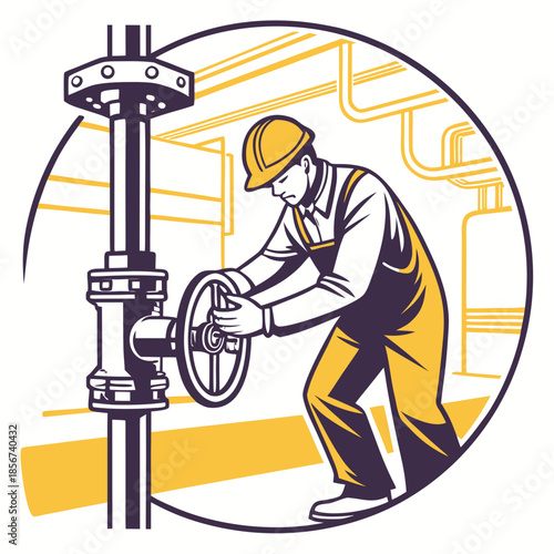 An illustration depicting a worker operating a large industrial valve within a circular mechanical framework