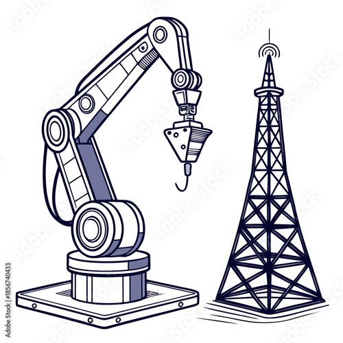 A detailed illustration showcases a robotic arm positioned near an oil derrick suggesting industrial automation in energy