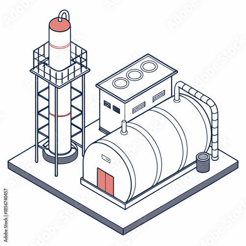 Isometric illustration of an industrial complex featuring a smokestack tanks and processing equipment high quality professional