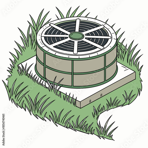 An illustrative depiction of a circular septic tank surrounded by green grass showcasing wastewater treatment systems