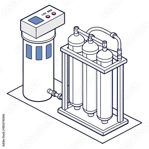 Detailed illustration of a multi stage water filtration system with a control panel and cylindrical filter cartridges