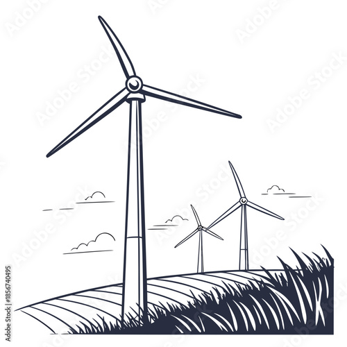 A scenic illustration depicts wind turbines standing on a grassy hill under a cloudy sky showcasing renewable energy