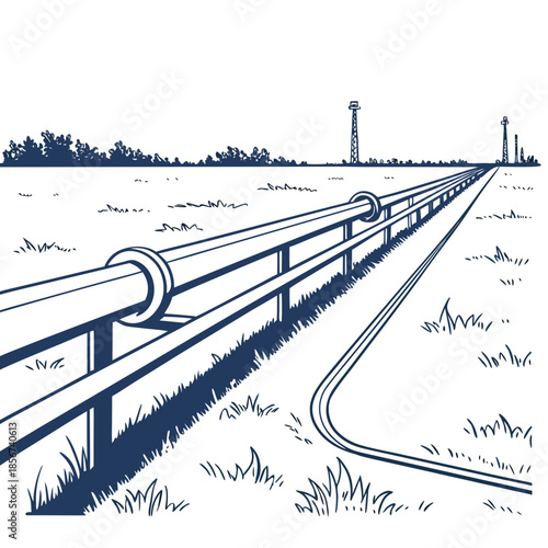 A detailed illustration of a long bridge extending towards distant industrial structures over water high quality
