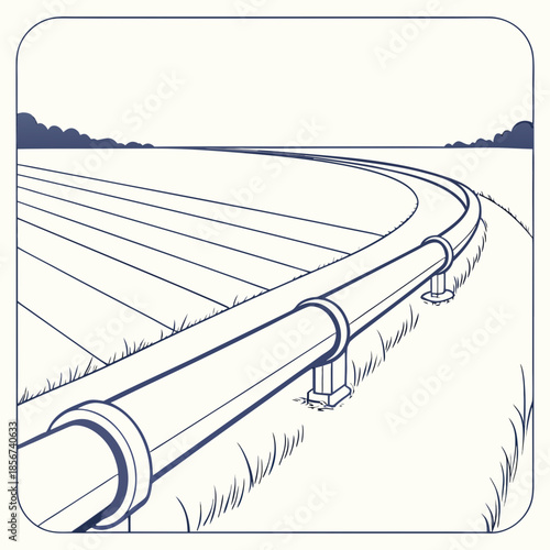 A stylized illustration depicts a curving railway line traversing a vast flat landscape with distant trees
