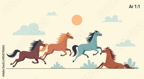 Four horses running across a field with sun and clouds