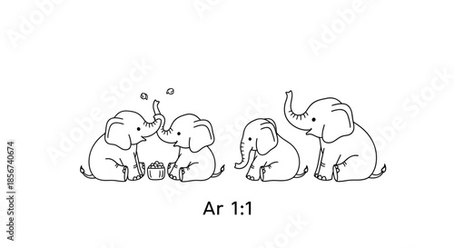 Four elephants outline style with transparent background