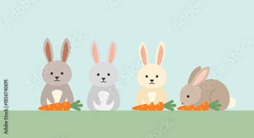 Four rabbits eating carrots on green grass