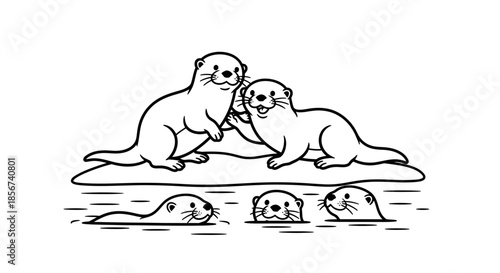 Otters family on ice floe with pups swimming