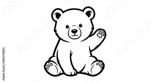Sitting polar bear cub waving paw with transparent background