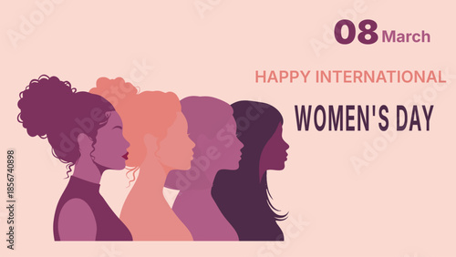 Diverse group of five women standing together for International Women's Day 