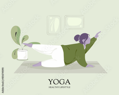 Flat vector illustration of a plus-size woman doing a balancing yoga pose in a minimalist room. 