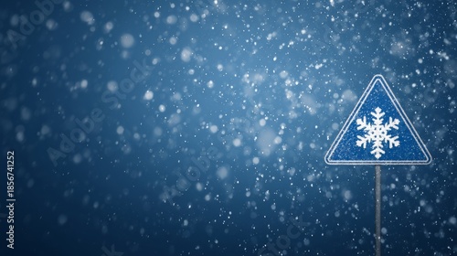 Traffic sign with snowflake symbol on blue background with falling snowflakes, winter weather warning for road safety, cold season alert and hazard prevention