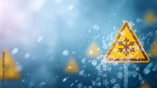 Traffic sign with snowflake symbol on blue background with falling snowflakes, winter weather warning for road safety, cold season alert and hazard prevention