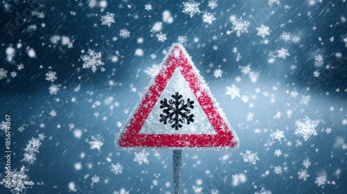 Traffic sign with snowflake symbol on blue background with falling snowflakes, winter weather warning for road safety, cold season alert and hazard prevention