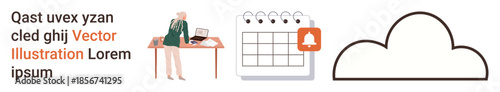 Task planning, time management, productivity, cloud storage, notifications, organization. A person at a desk, a calendar with a bell icon and a cloud. Task planning and time management