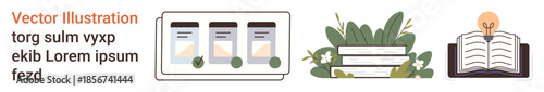 Education, eco-friendly habits, innovation, digital resources, sustainable learning, research. Icon set with books, plants mobile devices and light bulb. Education and eco-friendly habits concept
