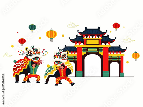 A vibrant Flat Design illustration of a lion dance performance in front of a traditional Chinese gate with lanterns and festive decorations, showcasing a lively Vector artwork.