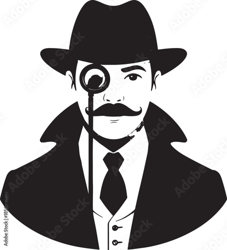"Minimalist Vector Illustration of Detective with Magnifying Glass | Monochrome Sleuth Icon for Mystery & Investigation Themes"