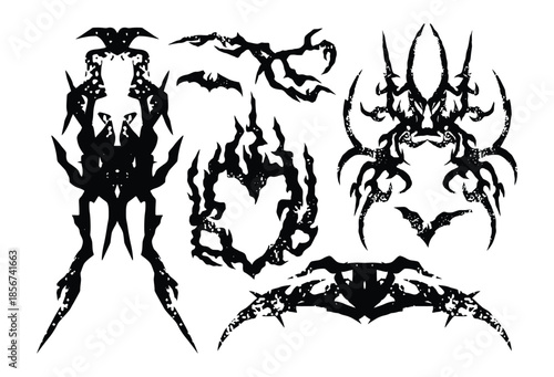 Cool Set of Y2k Tattoo. Cyber Sigilism Grunge Tattoo Designs. Y2k, Hand Drawn neo tribal Tattoos