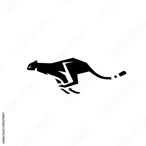 Minimalist cheetah silhouette captured in full sprint. This sleek black and white geometric design represents extreme speed and agility, perfect for modern sports brands.