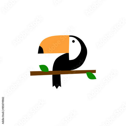 Colorful minimalist toucan sitting on a branch. This clean geometric design features a vibrant orange beak and green leaves, perfect for tropical-themed branding.