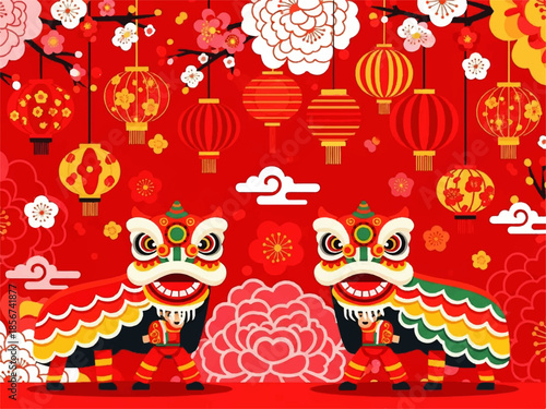 Vibrant flat design illustration vector featuring colorful lion dance figures with red and gold accents, surrounded by hanging lanterns, flowers, and clouds on a bright red background.