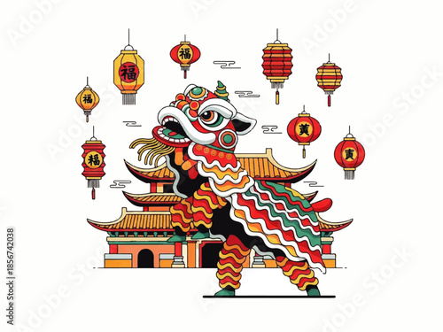 Flat design illustration vector of a vibrant lion dance performance in front of a traditional Chinese temple with colorful lanterns.