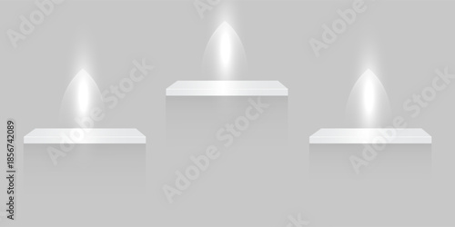 Four empty white shelves isolated on transparent background. Vector design template