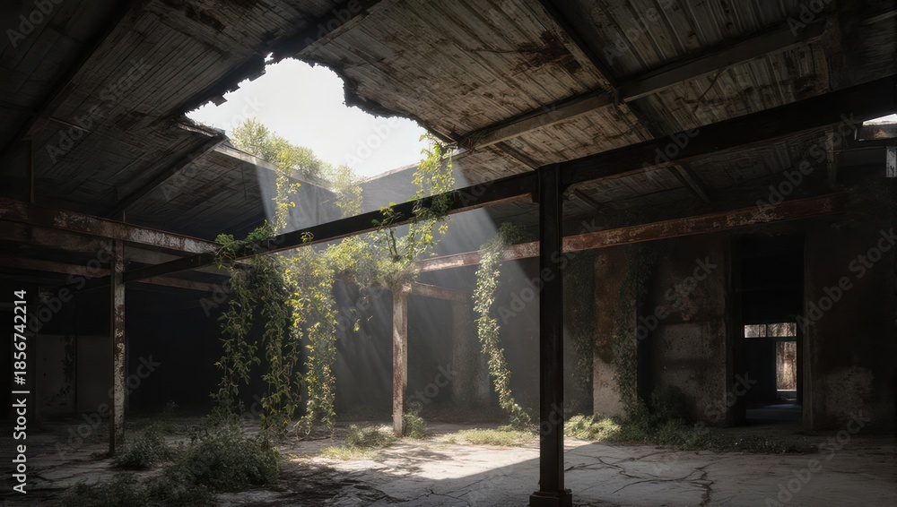 Fototapeta premium Abandoned building interior with sunlight streaming through a hole in the roof.
