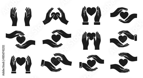 Show your love and support with these heartwarming hand and heart icons, perfect for Valentine's Day designs and expressing genuine care and compassion