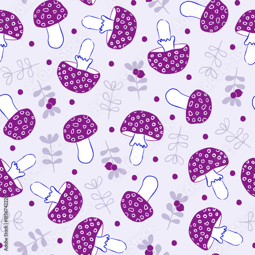 Seamless Mushroom Pattern with Toadstools, Forest Plants and Berries. Cute Hand-Drawn Nature Design. Cute Forest Mushroom background. Fly Agaric.