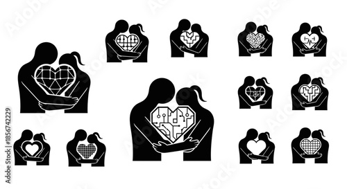 Modern love and connection, silhouettes of embracing couples holding digital hearts, symbolizing technology and relationships in a digital age, vector art