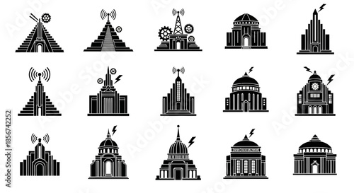 Futuristic cityscapes with unique architectural designs, perfect for science fiction concepts, urban planning, or technology-themed projects, originally a scalable graphic